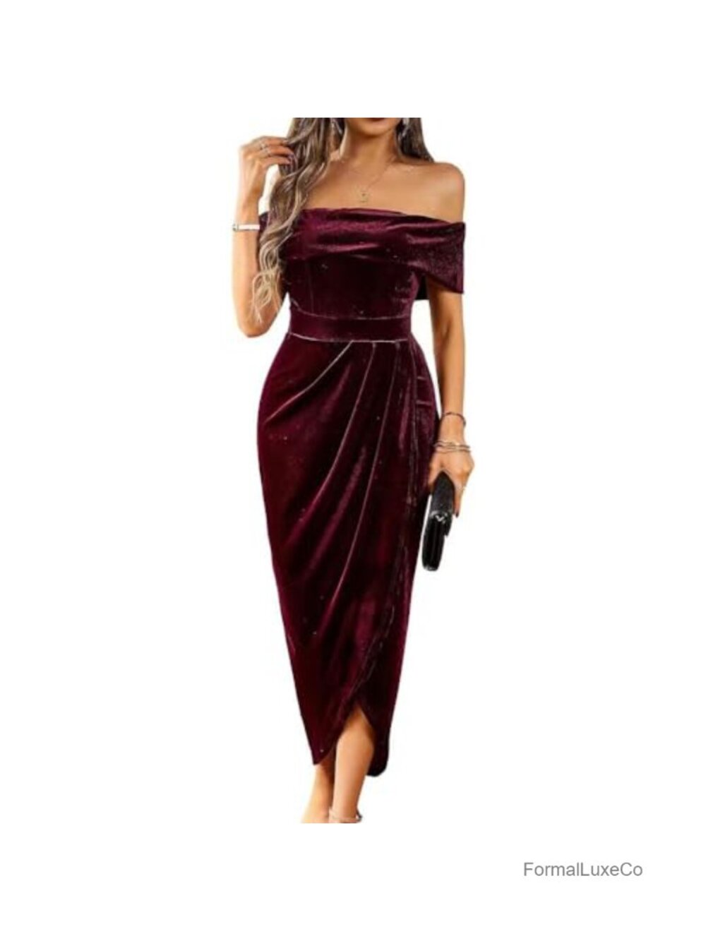 Off Shoulder Velvet Bodycon Midi Dress Wrap Slit Cocktail Party Evening